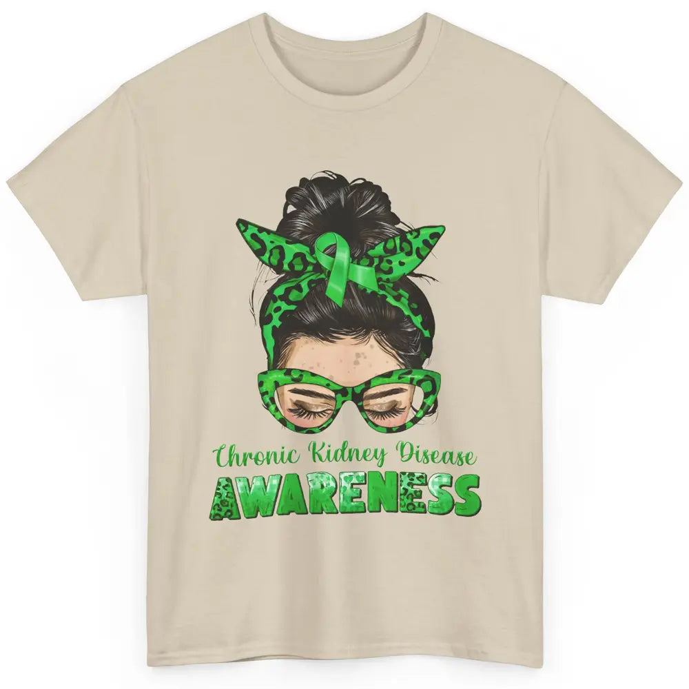 Chronic Kidney Disease Leopard Messy Bun Mom Green Ribbon Classic Unisex T-Shirt