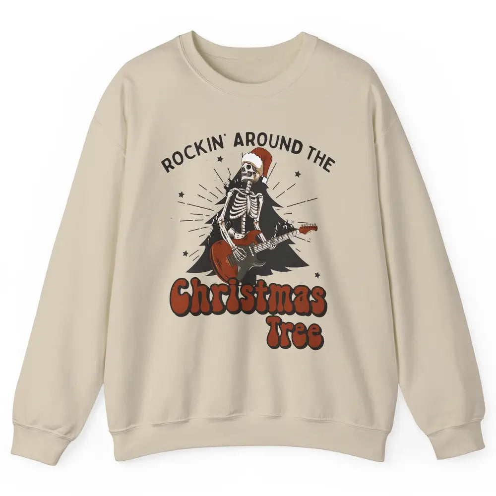 Skeleton Guitar Rocking Around Christmas Tree Western Xmas Unisex Crewneck Sweatshirt