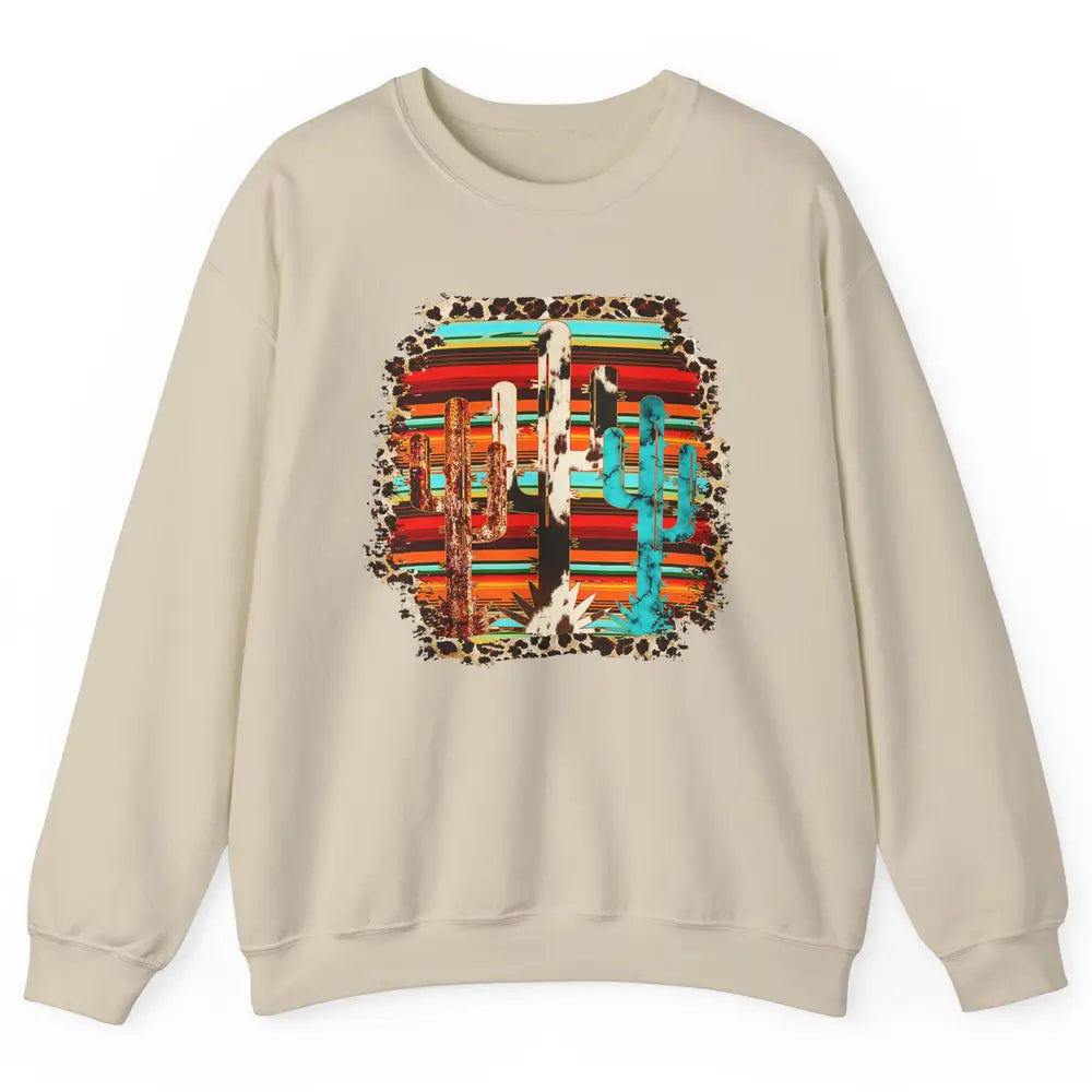 Western Country Cactus Cowhide Serape Turquoise Leopard Unisex Crewneck Sweatshirt