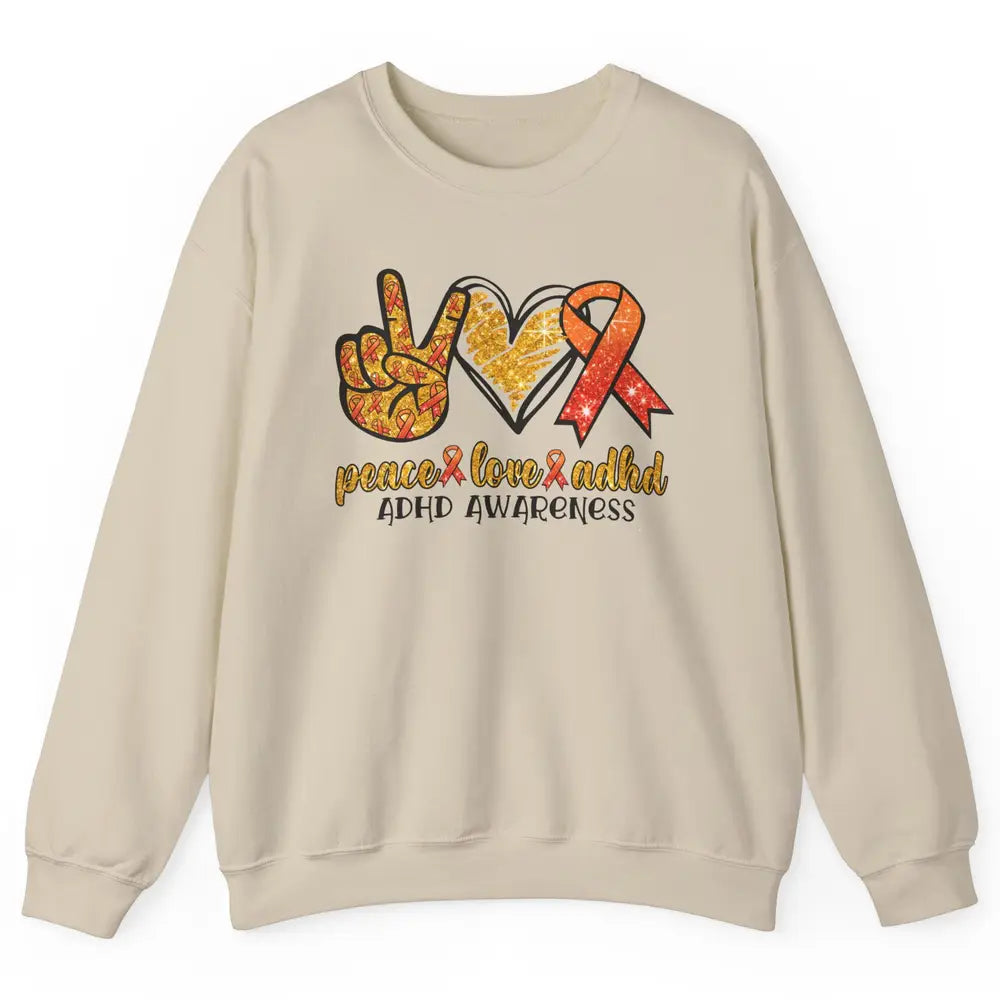 ADHD Awareness Month Peace Love ADHD Orange Ribbon Unisex Crewneck Sweatshirt