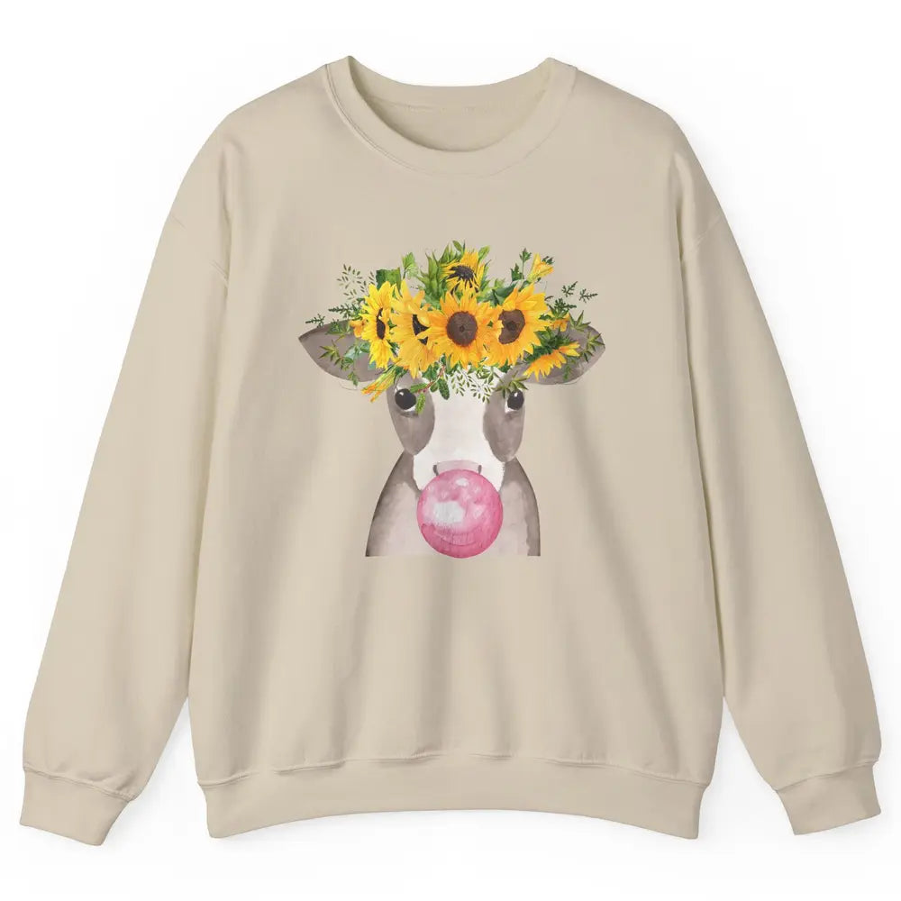 Sunflower Cow Bubble Gum Not In The Mood Western Farm Animal Unisex Crewneck Sweatshirt