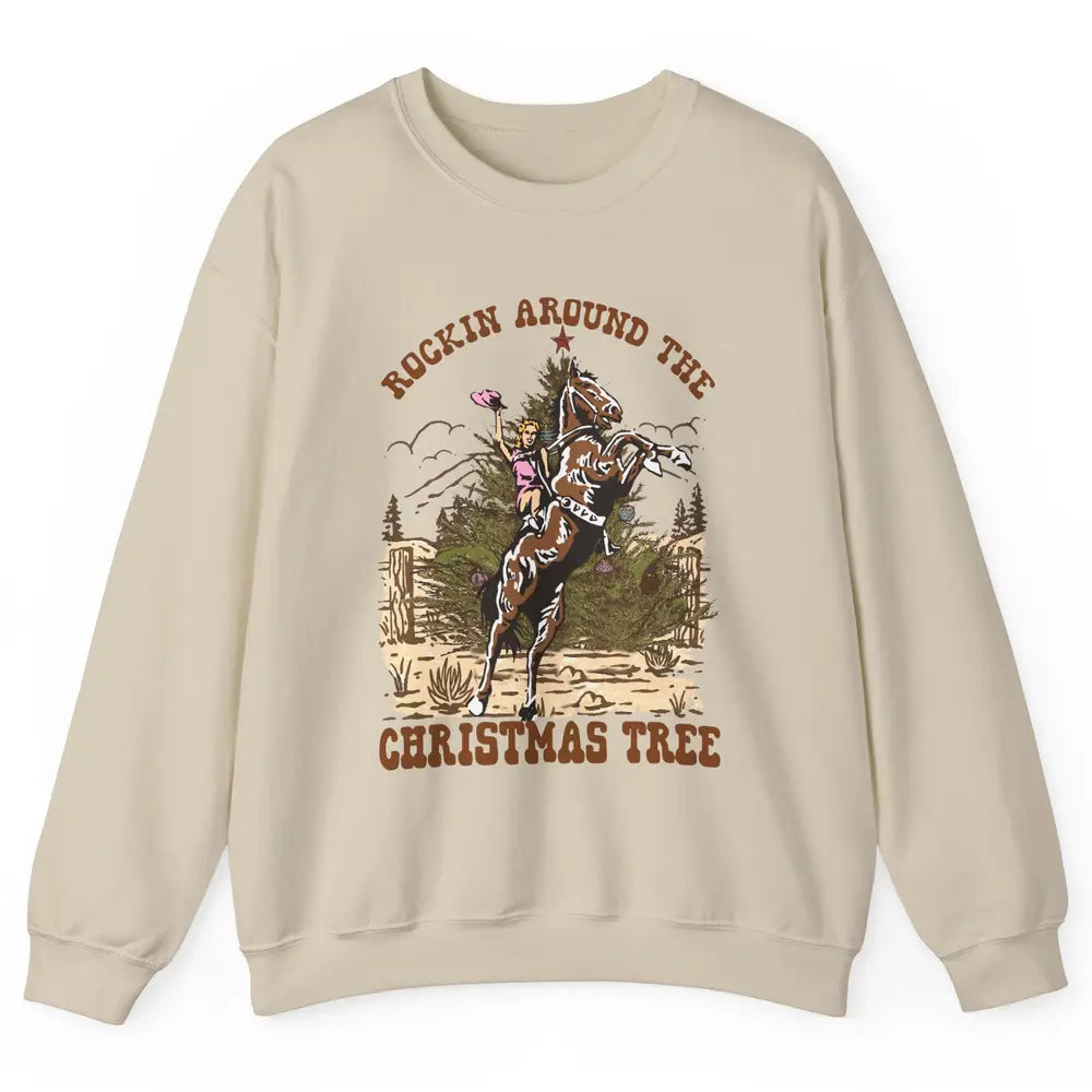 Funny Cowgirl Horsing Rocking Around Christmas Tree Western Unisex Crewneck Sweatshirt