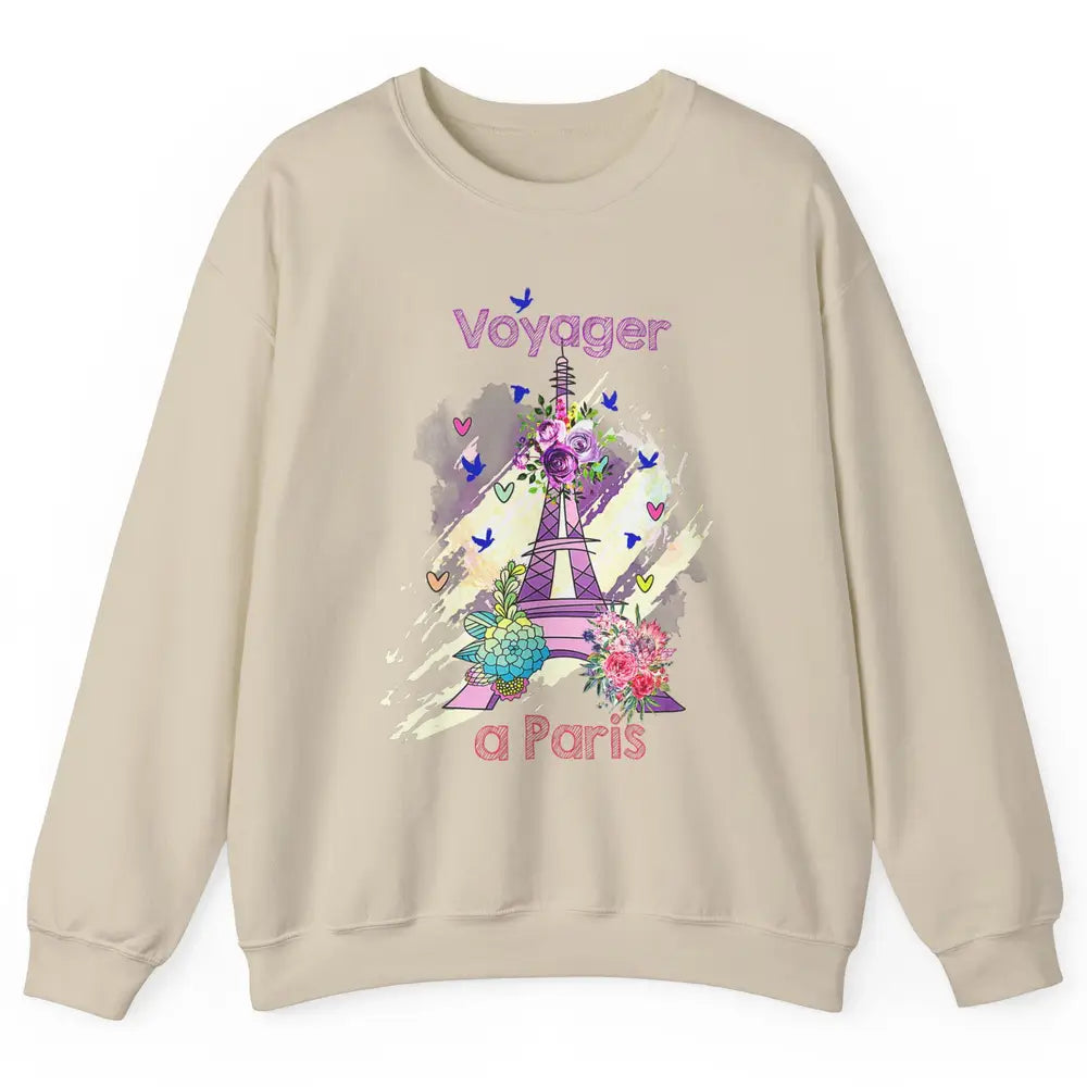 Voyager Floral Eiffel Tower Minimal Paris France Traveling Unisex Crewneck Sweatshirt