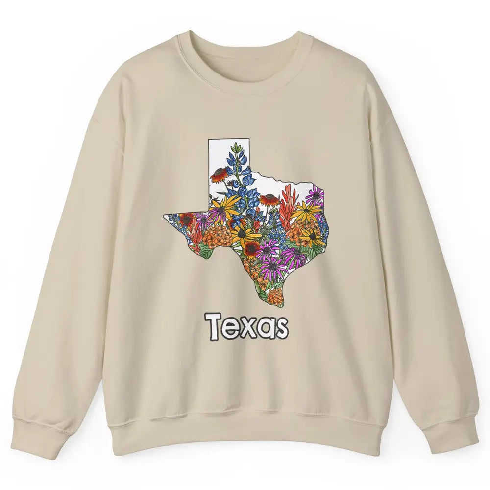 Texas Map Pride Wildflower Western Country Bluebonnet Flower Unisex Crewneck Sweatshirt