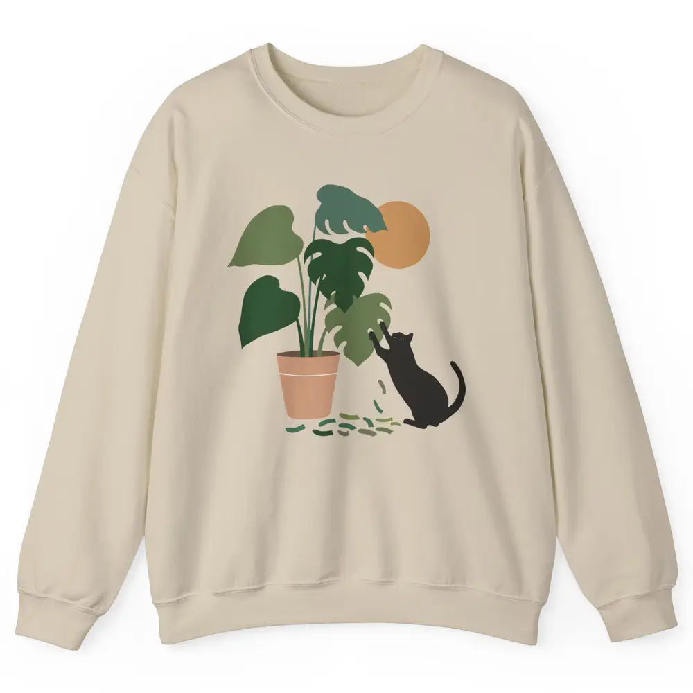 Black Cat And Plant The Making Of Monstera Garden Cat Lovers Unisex Crewneck Sweatshirt