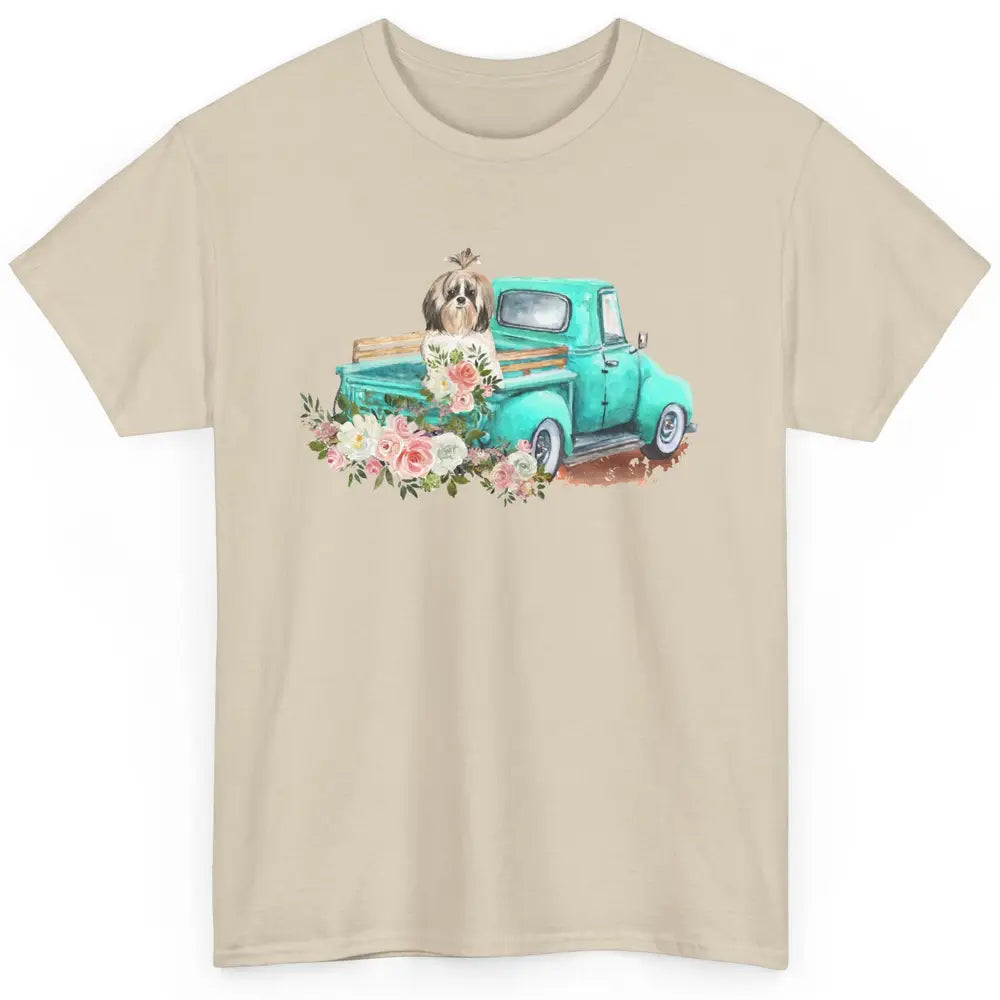 Cute Shih Tzu On Teal Truck Dog Lovers Retro Truck Christmas Classic Unisex T-Shirt