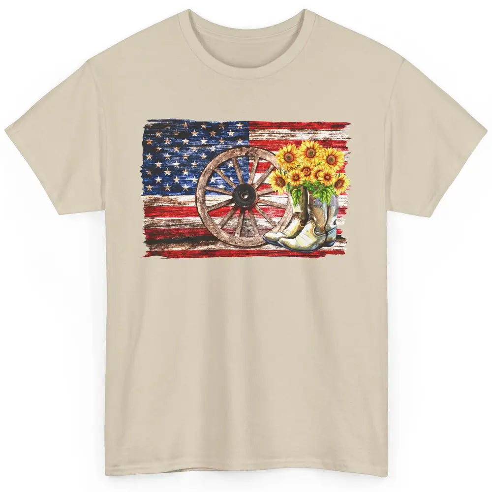 Retro US Flag Sunflower Cowgirl Boots Texas Cowboy Western Classic Unisex T-Shirt