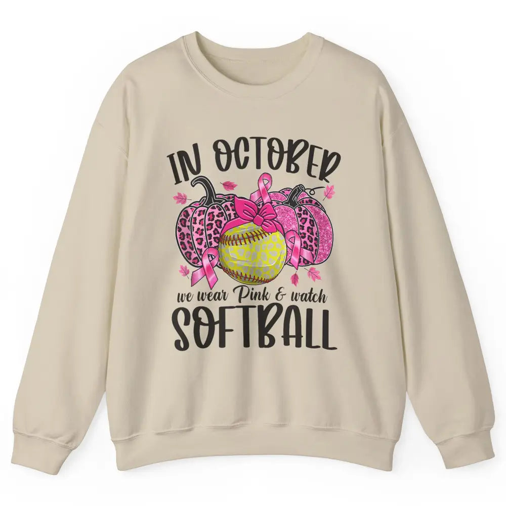 Softball Leopard Pumpkin In October Breast Cancer Awareness Unisex Crewneck Sweatshirt