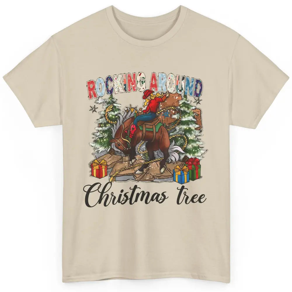 Funny Cowgirl Horsing Rocking Around Christmas Tree Western Classic Unisex T-Shirt