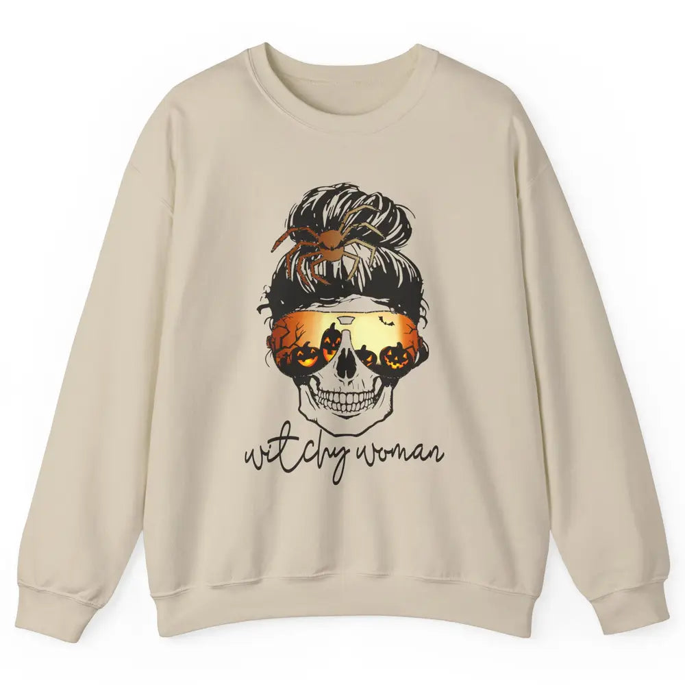 Witchy Woman Messy Bun Hair Skull Halloween Pumpkin Costume Unisex Crewneck Sweatshirt