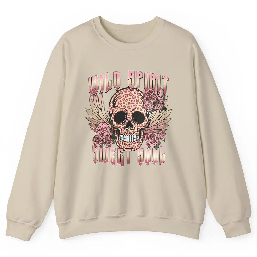 Wild Spirit Sweet Soul Skull Leopard Flowers Western Boho Unisex Crewneck Sweatshirt