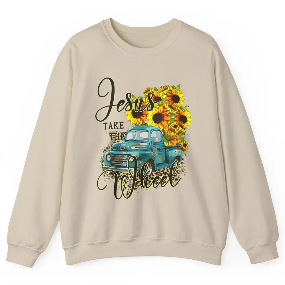 Sunflower Jesus Take The Wheel Christian Leopard God Bible Unisex Crewneck Sweatshirt