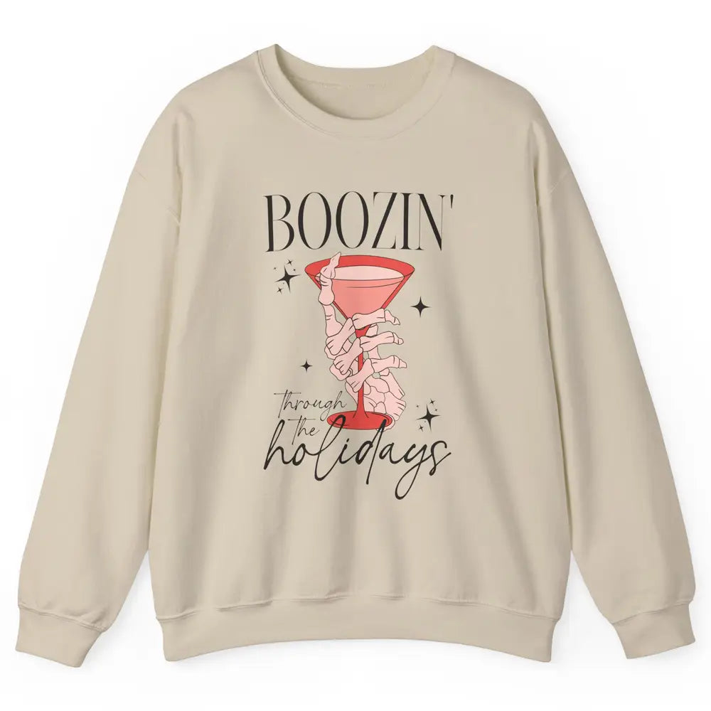 Boozin’ Through The Holidays Christmas Drinking Wine Glass Unisex Crewneck Sweatshirt