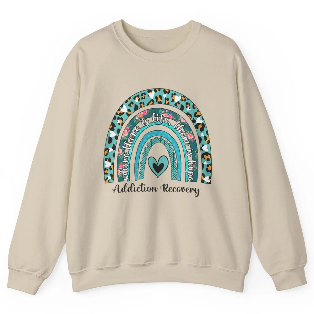 Addiction Recovery Awareness Rainbow Ribbon Blue Leopard Unisex Crewneck Sweatshirt