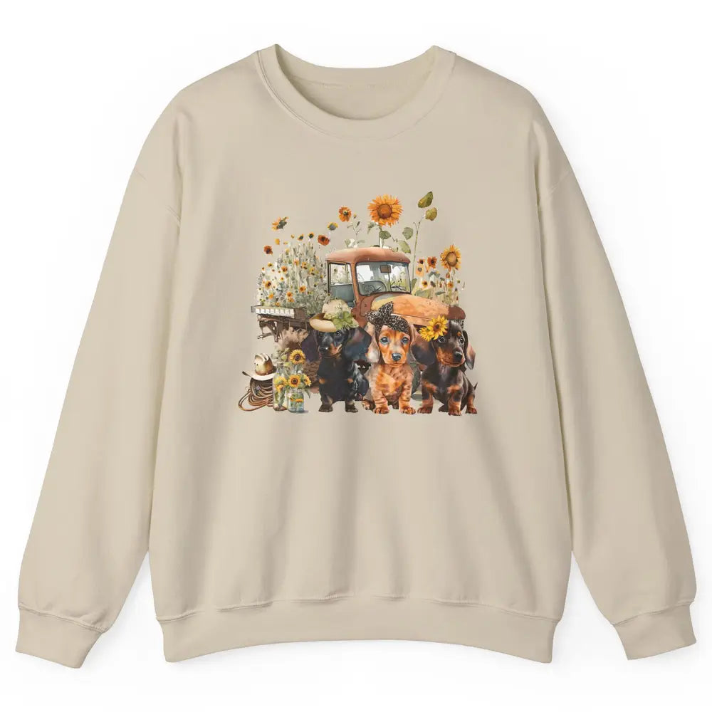 Vintage Truck And Sunflower Dachshund Mom Dachshund Lovers Unisex Crewneck Sweatshirt