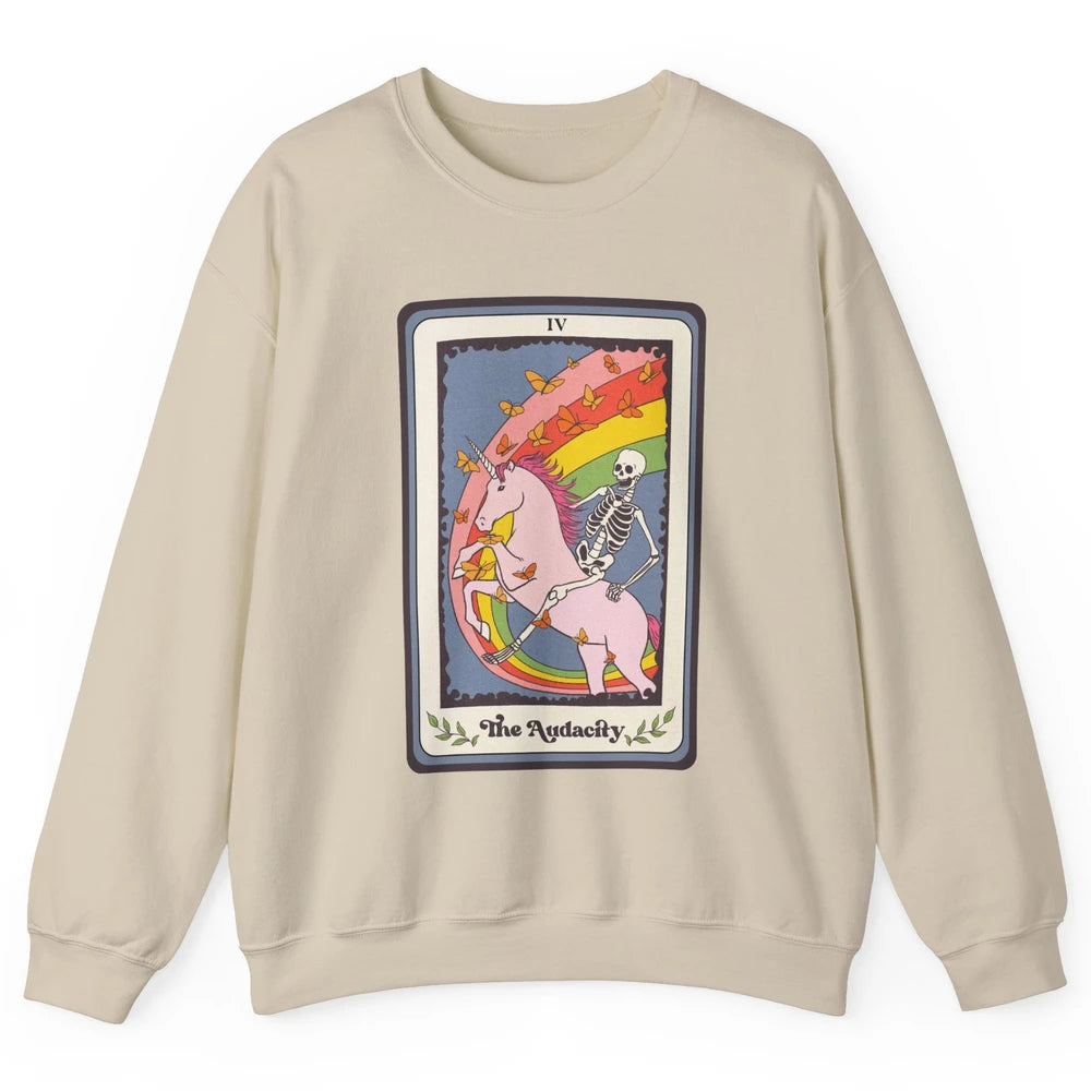 Retro Skeleton Rides Unicorn The Audacity Tarot Card Rainbow Unisex Crewneck Sweatshirt