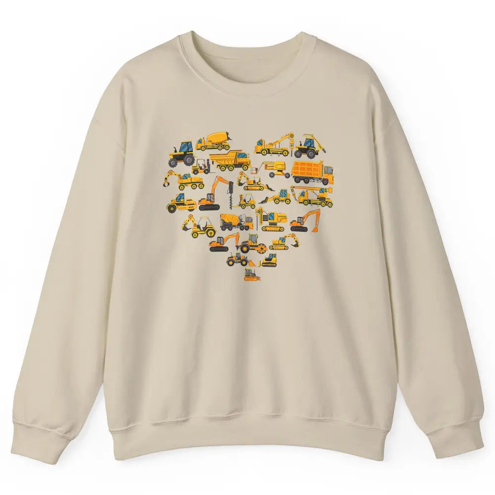 Types Of Construction Excavator Bulldozer Truck Heart Love Unisex Crewneck Sweatshirt