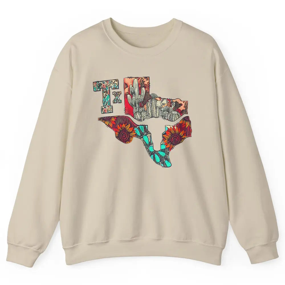 Texas Map Boho Texas State Leopard Western Desert Cactus Unisex Crewneck Sweatshirt