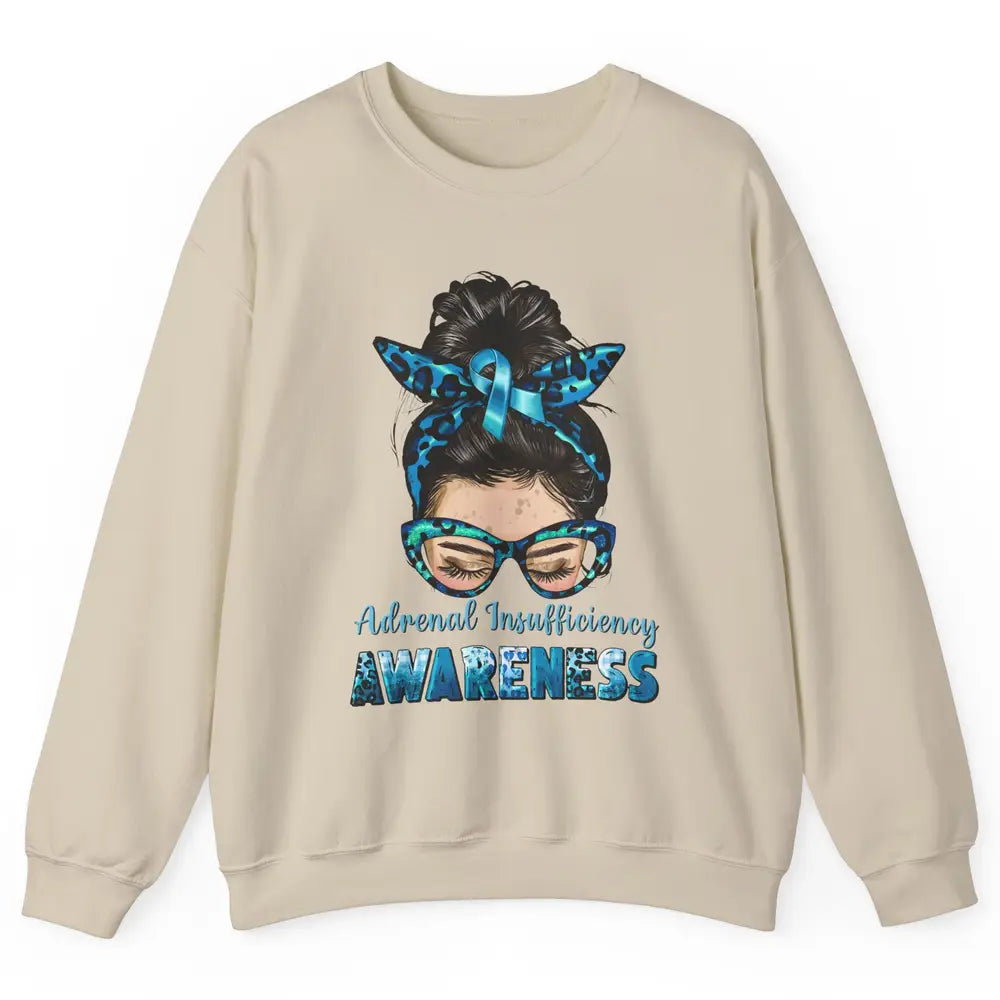 Adrenal Insufficiency Awareness Messy Bun Mom Blue Ribbon Unisex Crewneck Sweatshirt