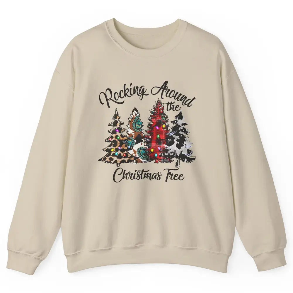 Leopard Christmas Tree Rocking Around Christmas Tree Western Unisex Crewneck Sweatshirt