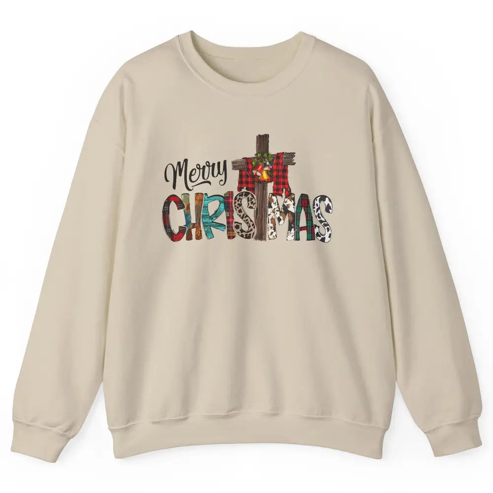 Leopard Jesus Cross Merry Christmas Christian Western Xmas Unisex Crewneck Sweatshirt