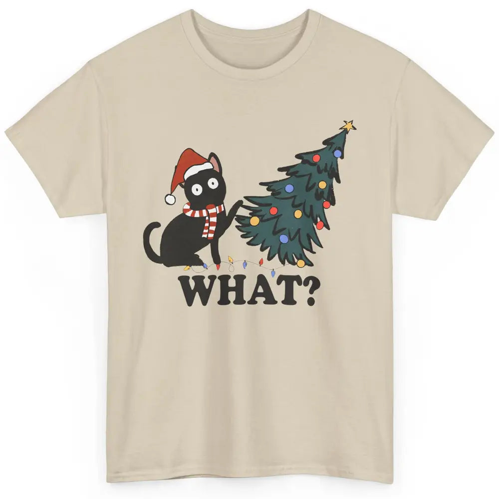 Funny Black Cat Pushing Christmas Tree What? Christmas Cat Classic Unisex T-Shirt