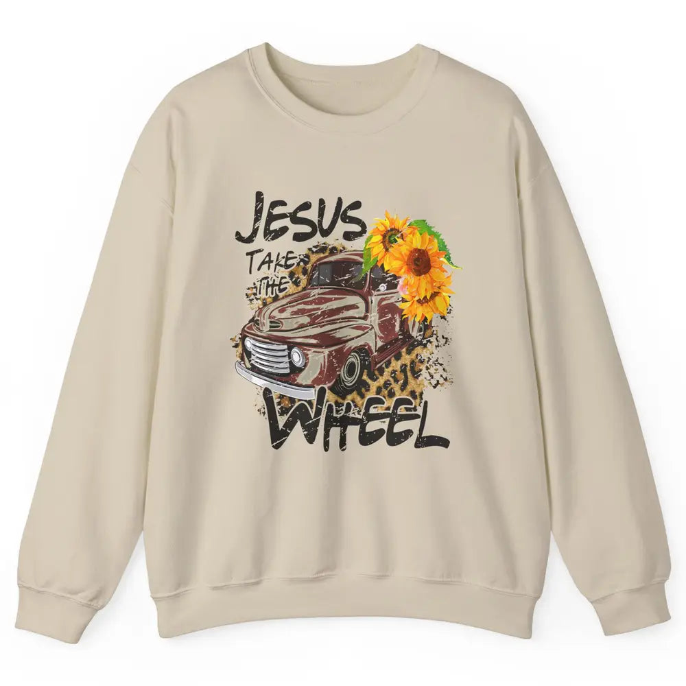 Sunflower Truck Jesus Take The Wheel Christian Gift Leopard Unisex Crewneck Sweatshirt