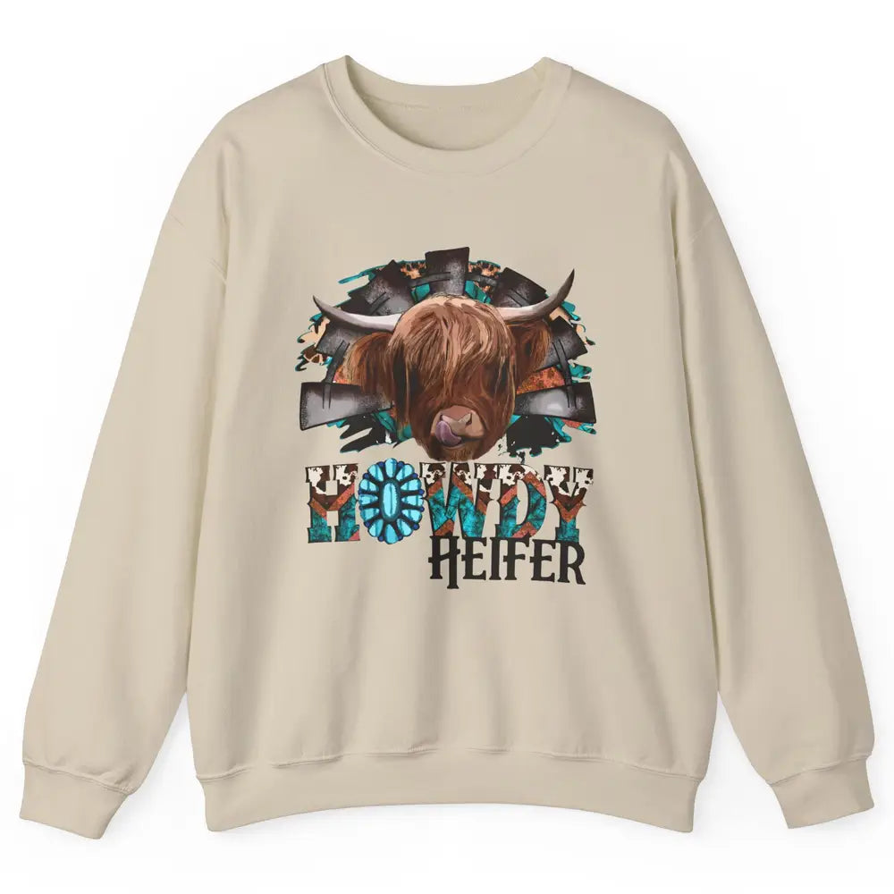 Leopard Highland Cow Howdy Heifer Western Country Cowboy Unisex Crewneck Sweatshirt