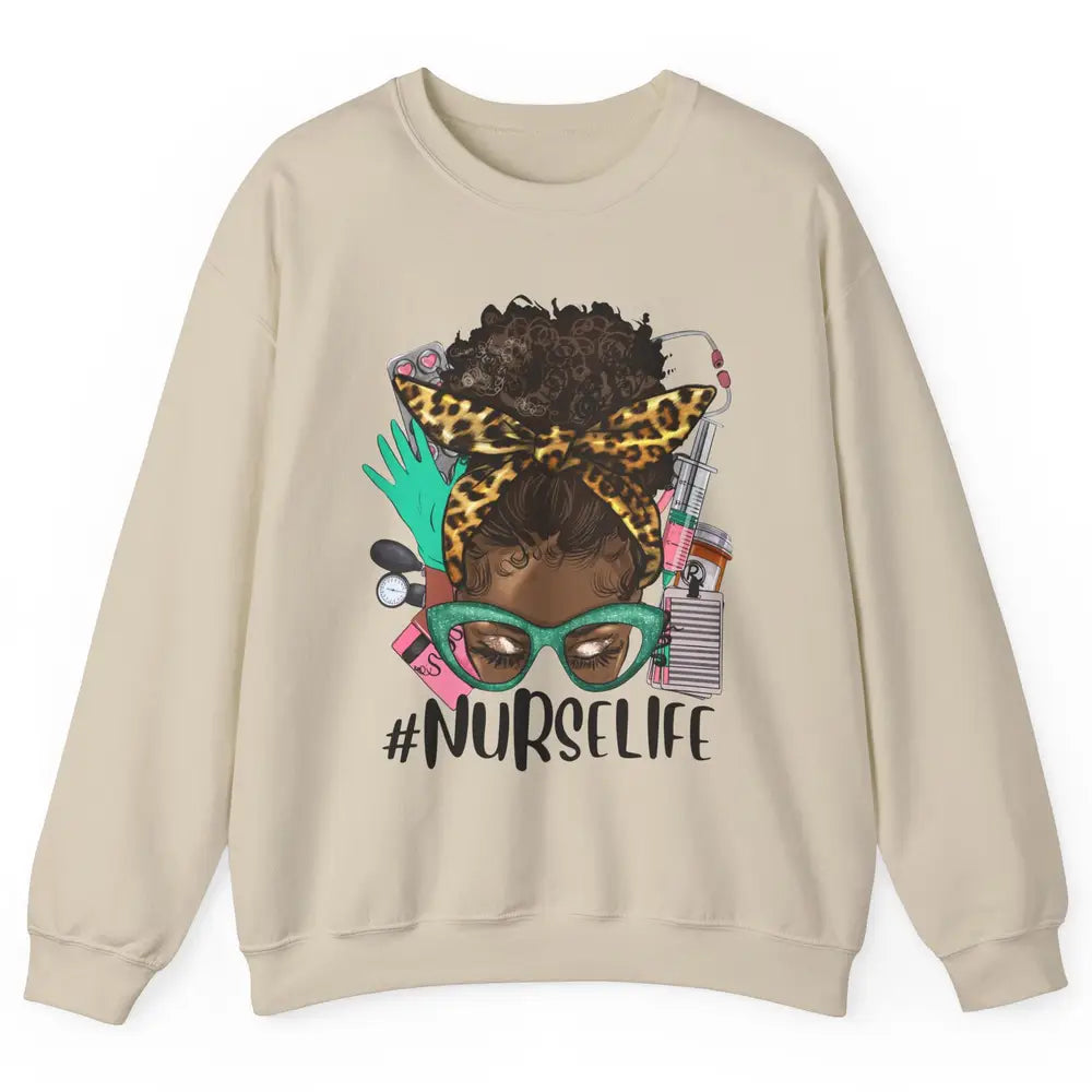 Afro Nurse Messy Bun Hair Black Melanin Nurse Life Leopard Unisex Crewneck Sweatshirt