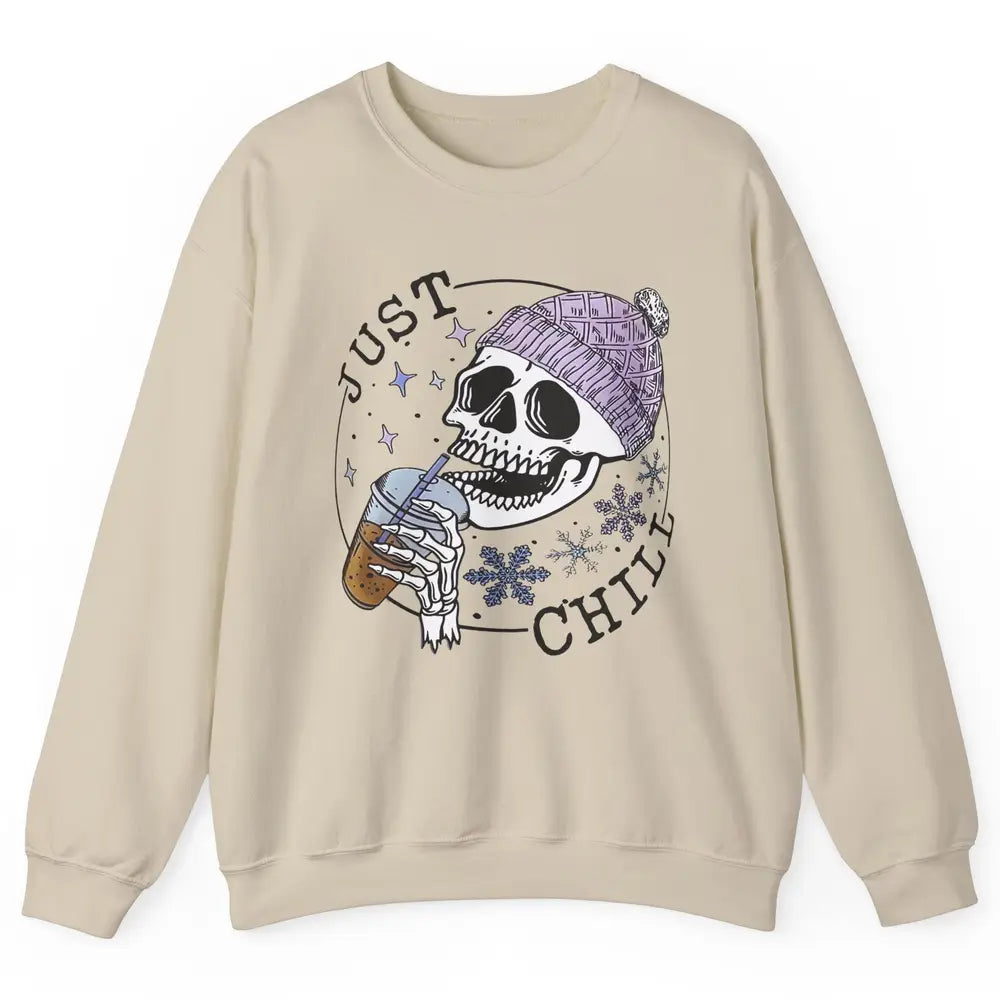 Funny Skeleton Coffee Just Relax Snowflakes Christmas Unisex Crewneck Sweatshirt