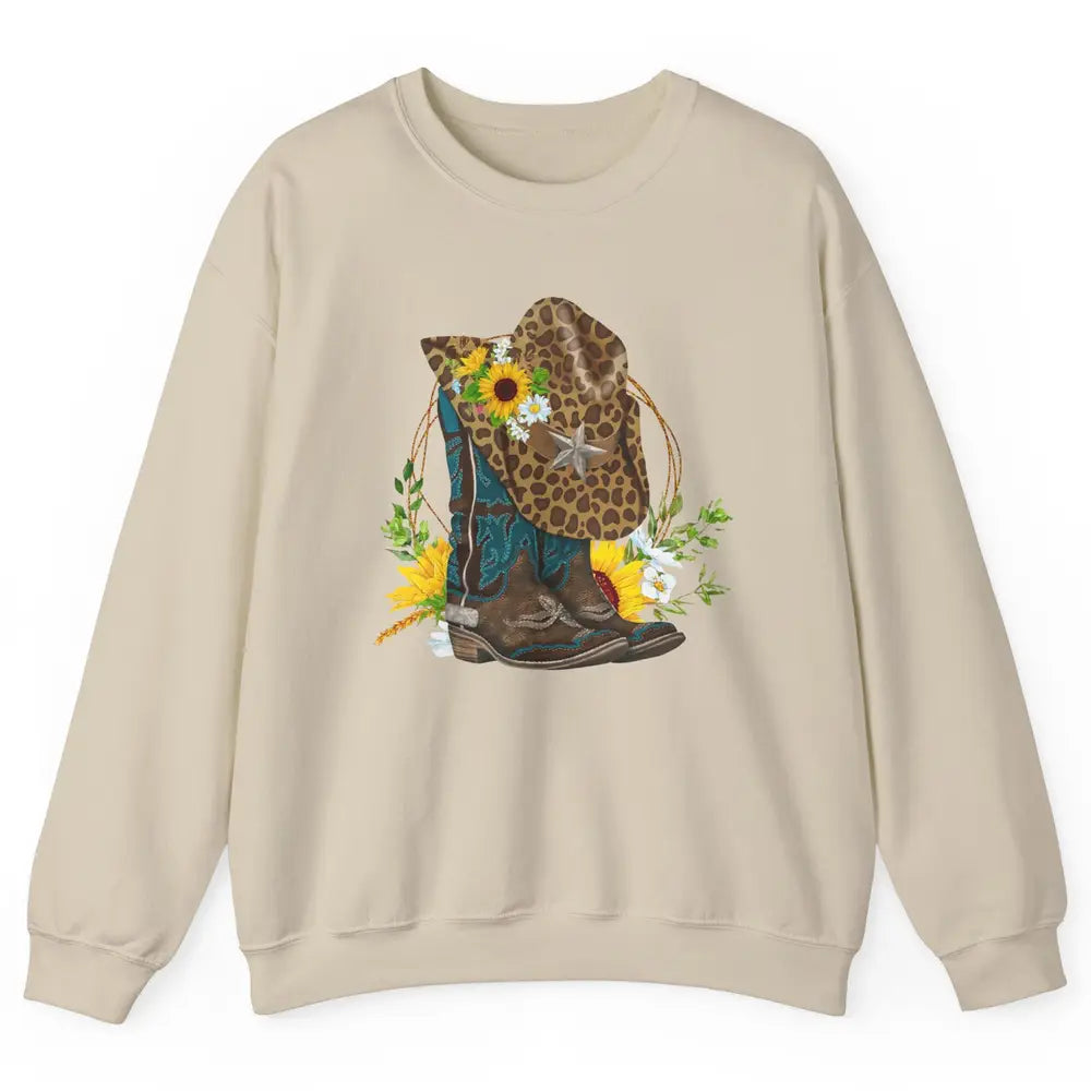 Western Floral Cowboy Boots Hat Leopard Flower Texas Vintage Unisex Crewneck Sweatshirt