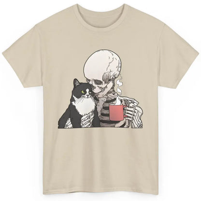 Funny Cat And Skeleton Drinking Coffee Best Friend Cat Lover Classic Unisex T-Shirt