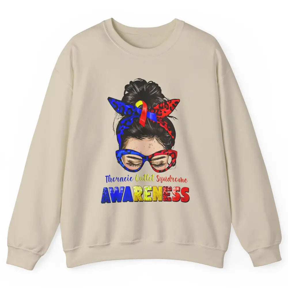 Thoracic Outlet Syndrome Ribbon Leopard Messy Bun Glasses Unisex Crewneck Sweatshirt