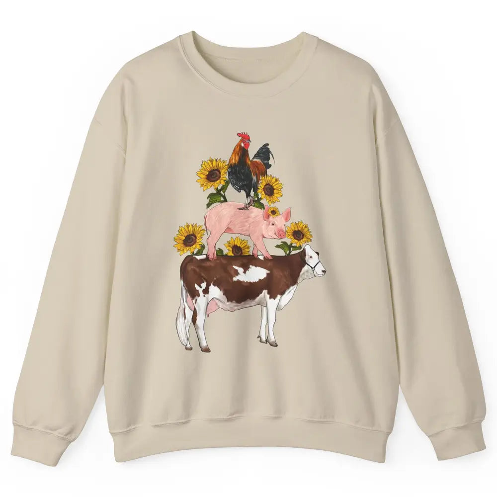 Sunflower Western Farm Life Animals Vegan Cow Pig Rooster Unisex Crewneck Sweatshirt