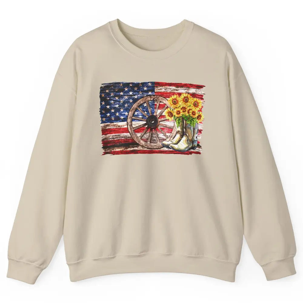 Retro US Flag Sunflower Cowgirl Boots Texas Cowboy Western Unisex Crewneck Sweatshirt