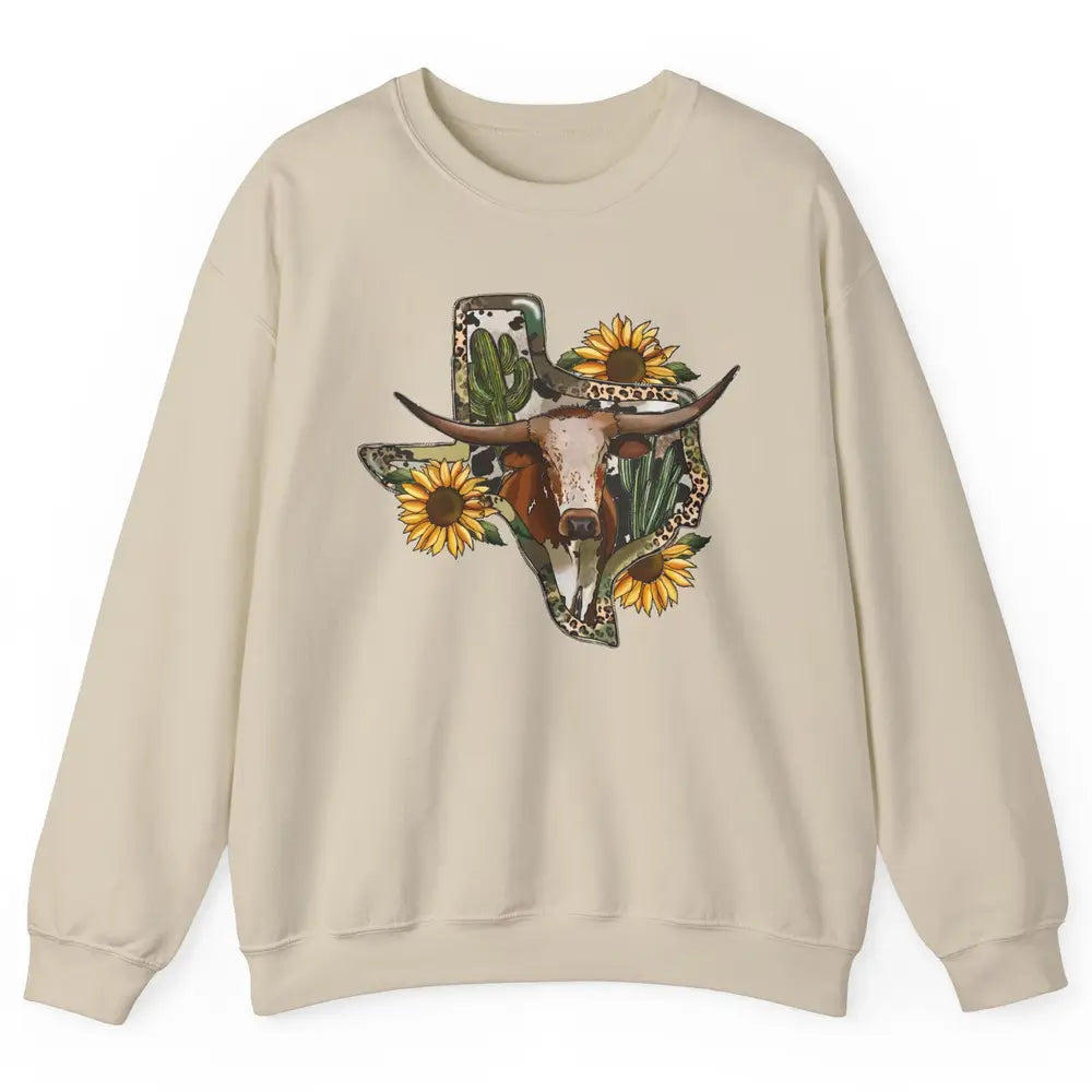 Texas Map Leopard Sunflower Western Texas Cow Longhorn Unisex Crewneck Sweatshirt