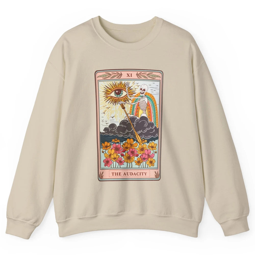 Retro Skeleton Riding Cloud The Audacity Tarot Card Rainbow Unisex Crewneck Sweatshirt