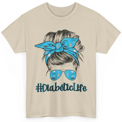 Diabetic Life Mom Messy Bun Blue Ribbon Diabetes Awareness Classic Unisex T-Shirt