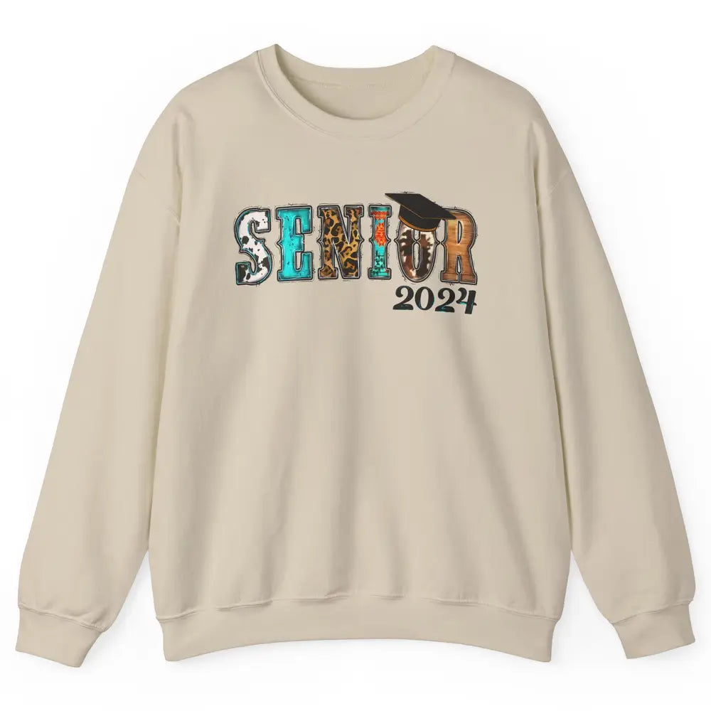 Sunflower Leopard Senior 2024 Graduate Bachelor Western Grad Unisex Crewneck Sweatshirt