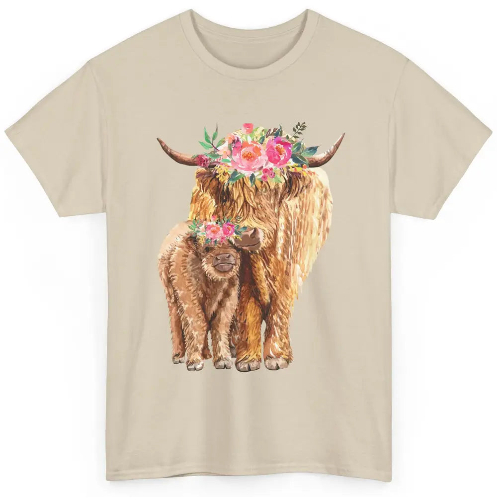 Floral Highland Cow Mom And Baby Western Country Heifer Mom Classic Unisex T-Shirt