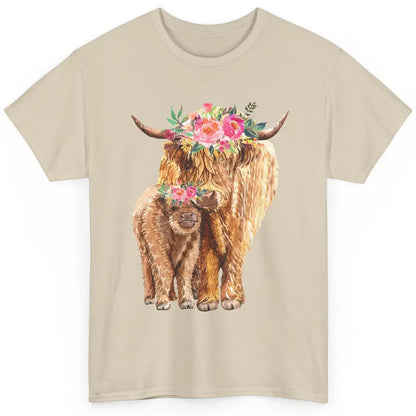 Floral Highland Cow Mom And Baby Western Country Heifer Mom Classic Unisex T-Shirt