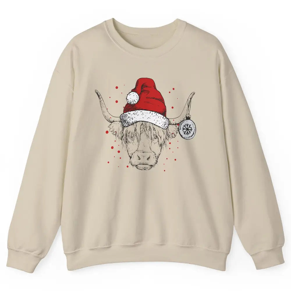 Cute Highland Cow Christmas With Santa Hat Western Xmas Cow Unisex Crewneck Sweatshirt