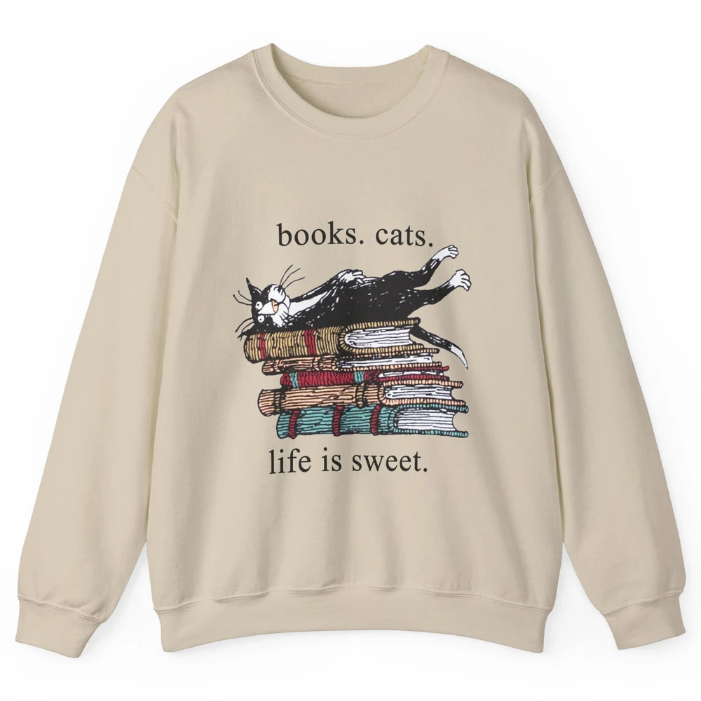 Books Cats Life Is Sweet Cat Book Lovers Reading Book Unisex Crewneck Sweatshirt