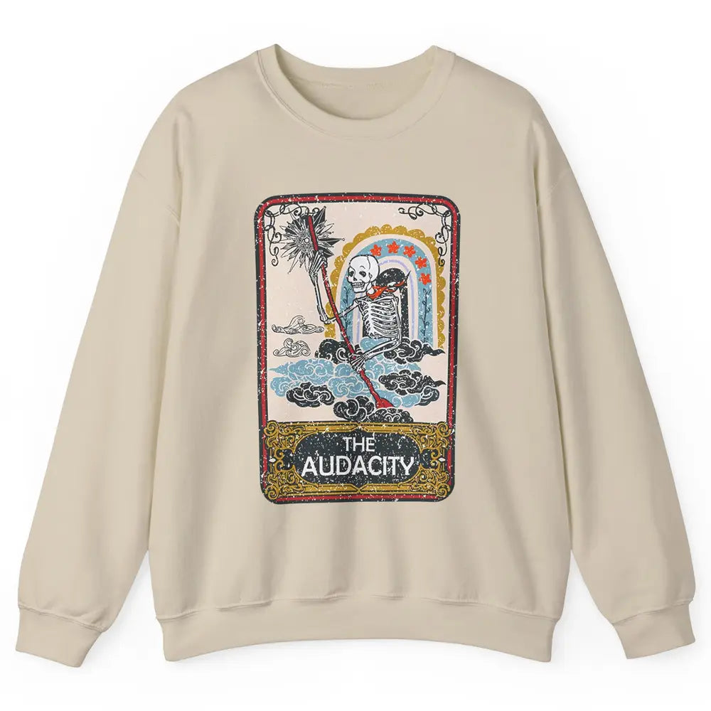 Retro Skeleton Riding Clouds Rainbow The Audacity Tarot Card Unisex Crewneck Sweatshirt