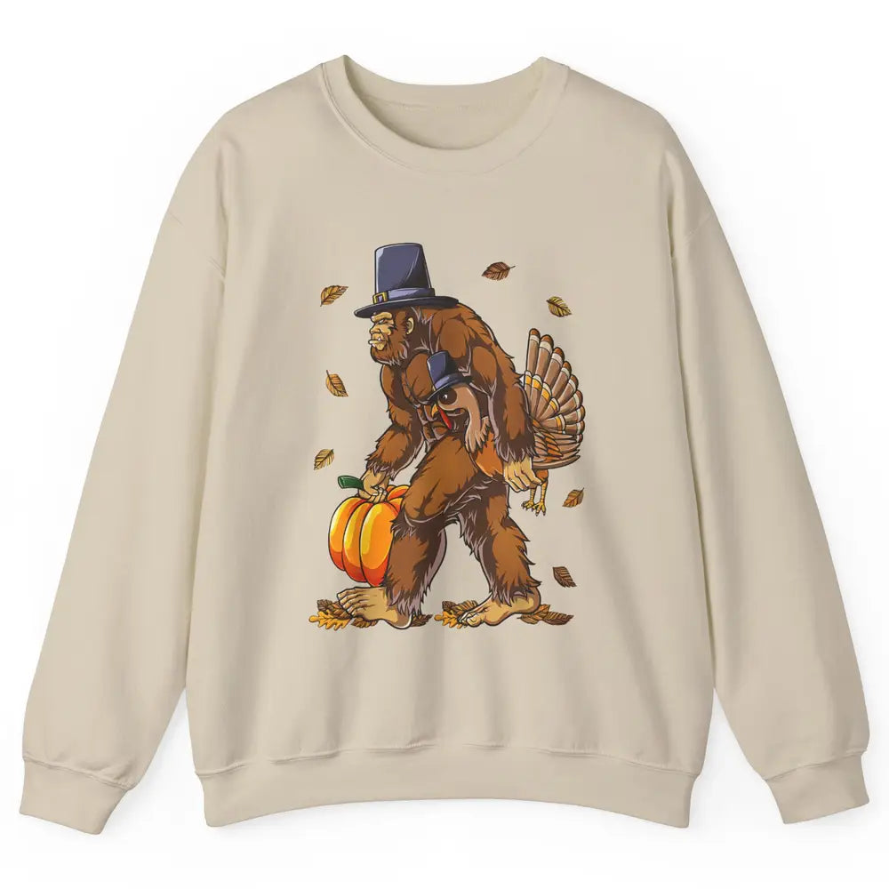 Bigfoot Pilgrim Hat Turkey Thanksgiving Funny Turkey Autumn Unisex Crewneck Sweatshirt