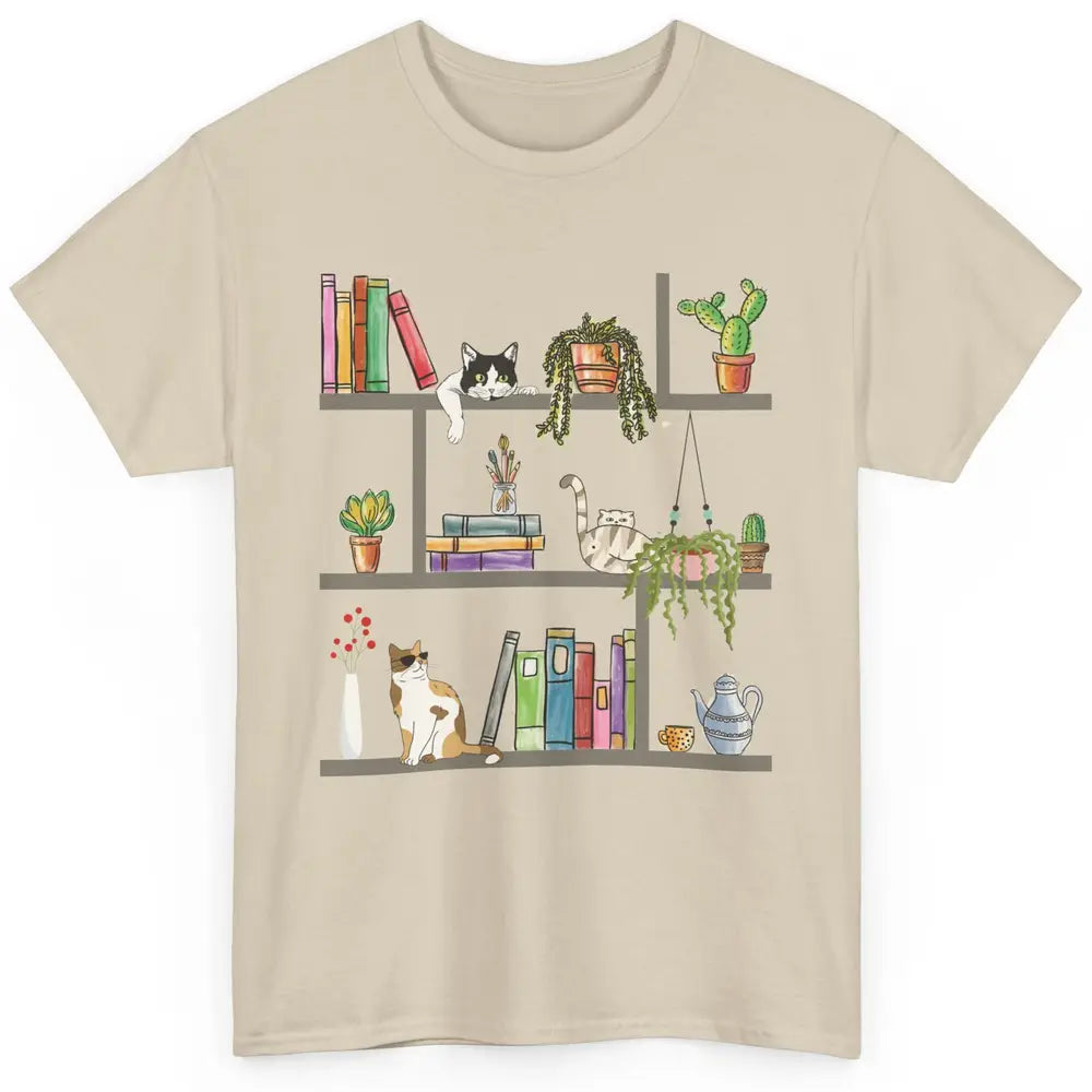 Funny Cats Lying On Floral Bookshelf Book Kitten Minimalist Classic Unisex T-Shirt