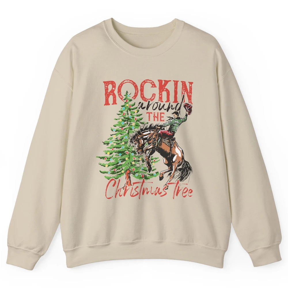 Funny Cowboy Horsing Rocking Around Christmas Tree Western Unisex Crewneck Sweatshirt