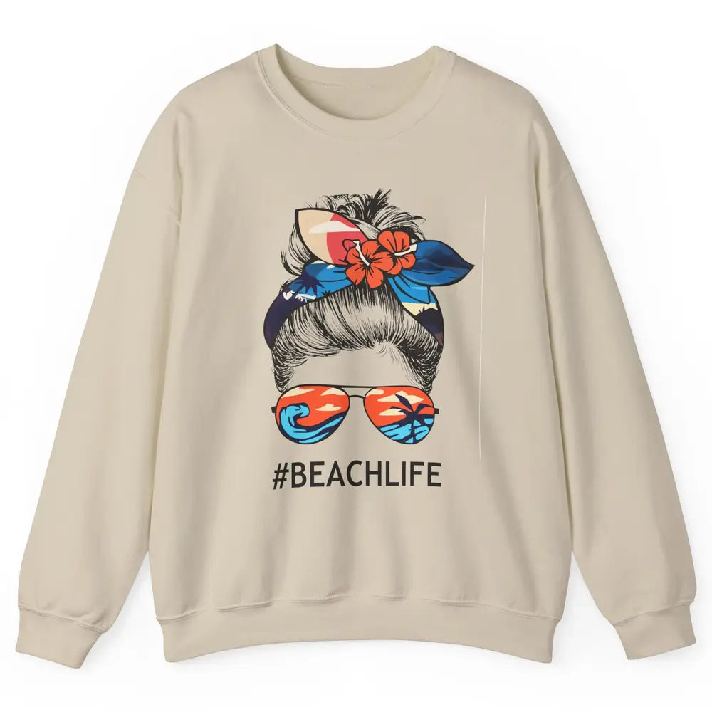 Beach Life Messy Bun Hawaiian Hair Retro Beach Palms Summer Unisex Crewneck Sweatshirt