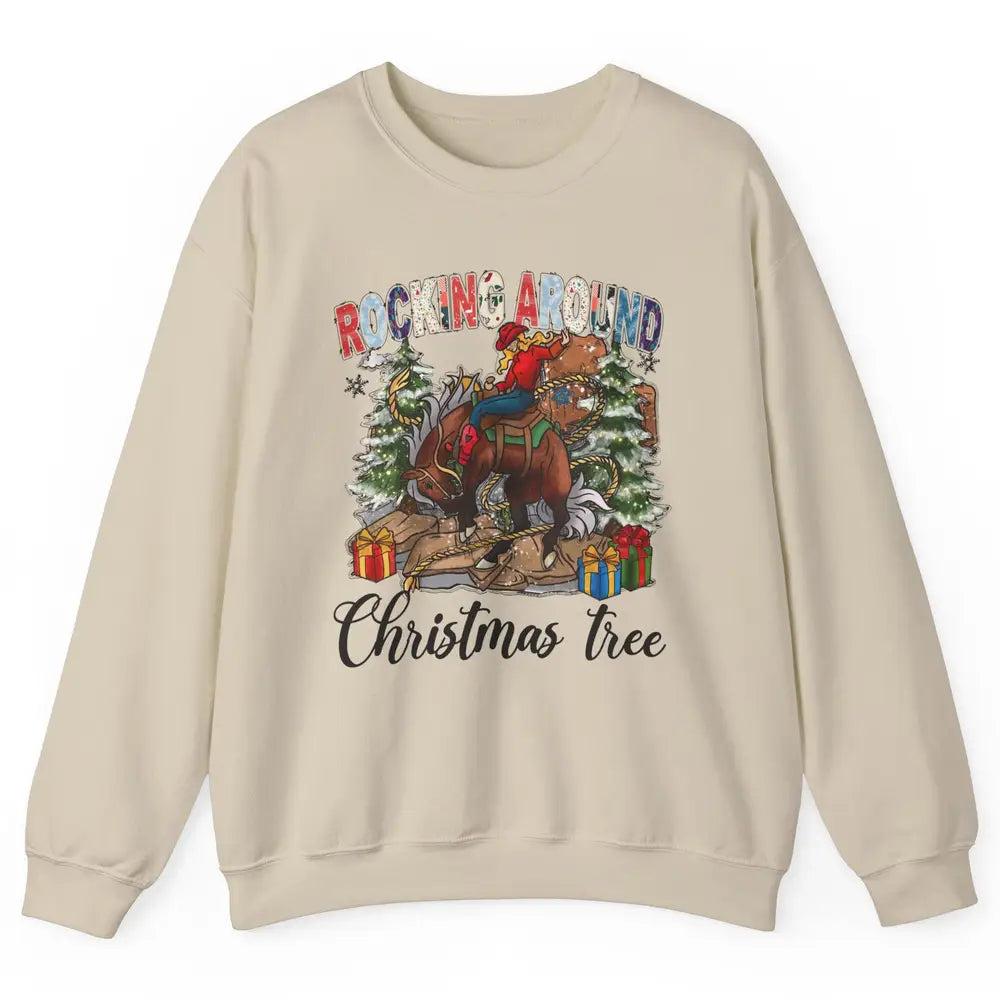 Funny Cowgirl Horsing Rocking Around Christmas Tree Western Unisex Crewneck Sweatshirt