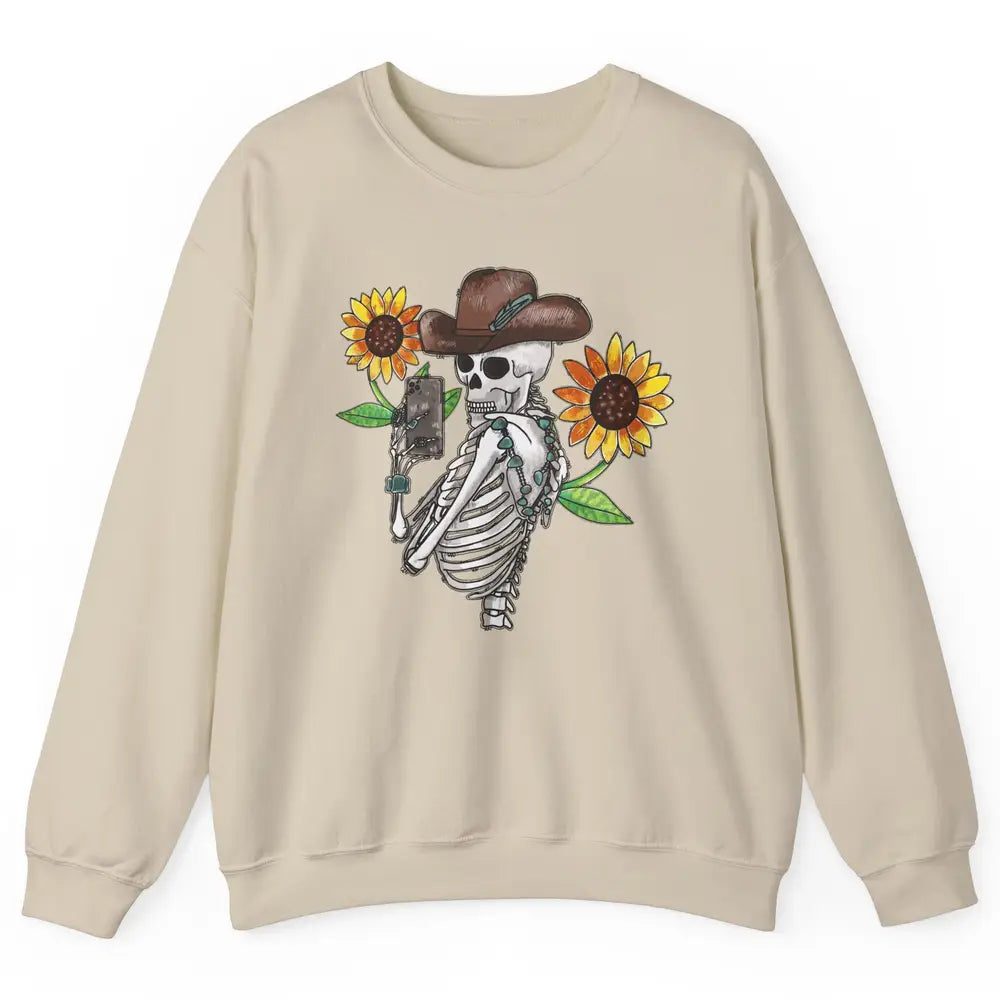 Western Cowboy Hat Skeleton Sunflower Funny Skeleton Selfie Unisex Crewneck Sweatshirt